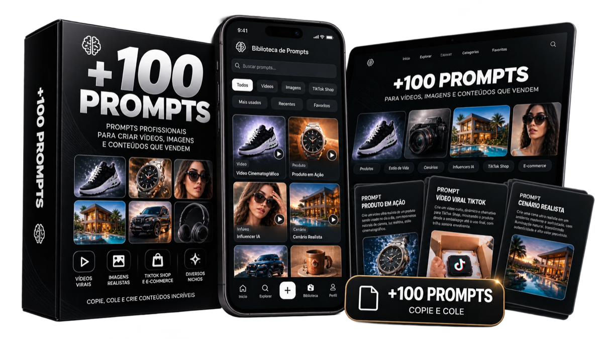 Biblioteca de Prompts Virais com mais de 100 prompts no celular e computador