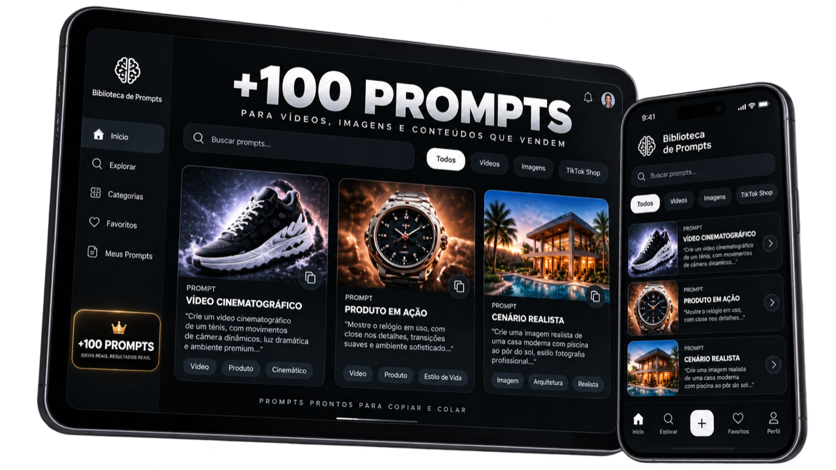 Biblioteca de Prompts Virais no tablet e celular